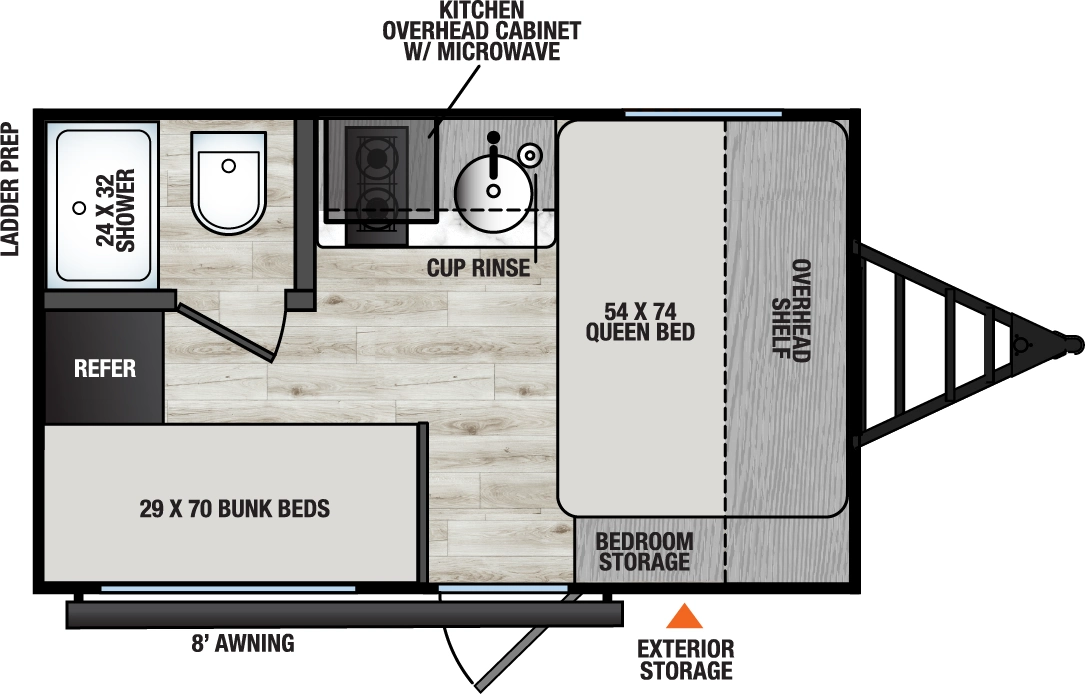 The Viking Travel Trailers 12BH floorplan has one entry and zero slide outs. Exterior features include: metal exterior and 8' awning. Interiors features include: bunk beds and front bedroom.